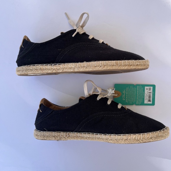 Olukai Kaula Pa’a Li Espadrille NWT Black Canvas Lace-Up Flats Sneakers Size 9.5 - Picture 2 of 10